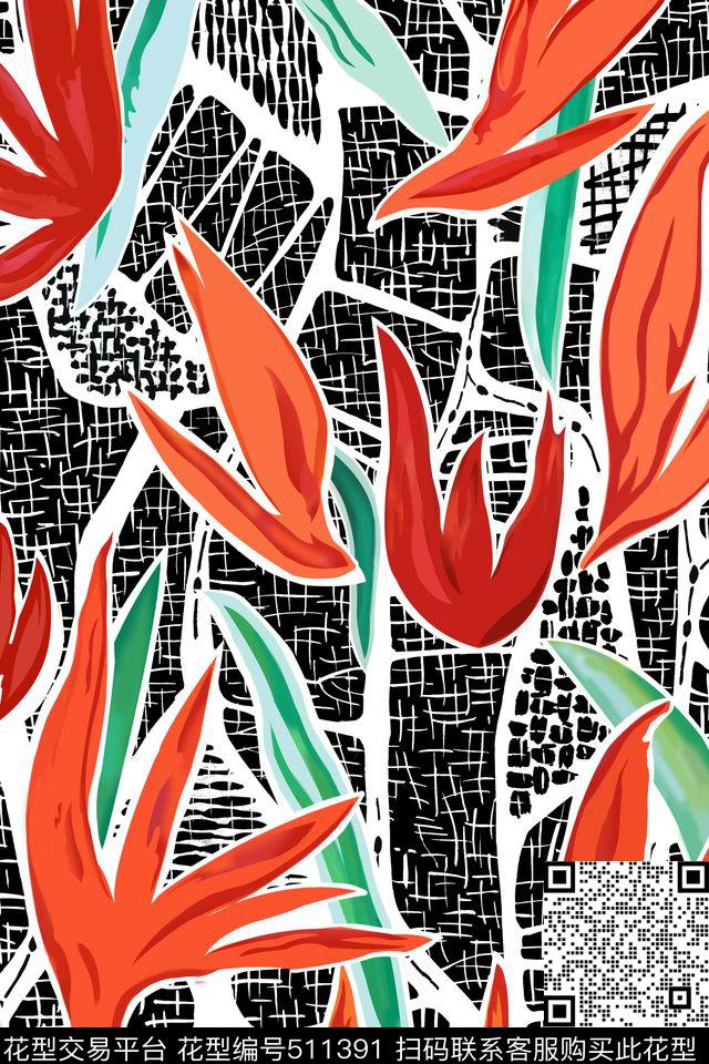 不规则黑色格仔红花绿叶传统印花华亿平台下载（图片编号: 511391） - 瓦栏（Walan）