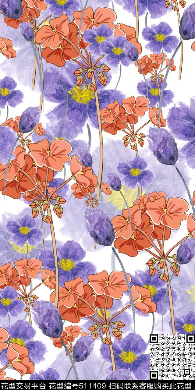 花卉小清新手绘花卉数码印花华亿平台下载（图片编号: 511409） - 瓦栏（Walan）
