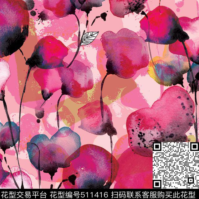 花卉潮流时尚大牌手绘水彩花卉数码印花华亿平台下载（图片编号: 511416） - 瓦栏（Walan）