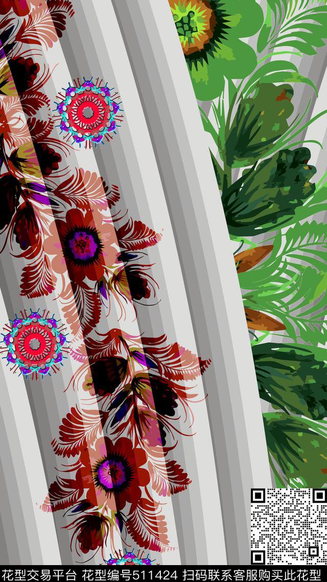 时尚定位渐变条纹花卉传统印花华亿平台下载（图片编号: 511424） - 瓦栏（Walan）