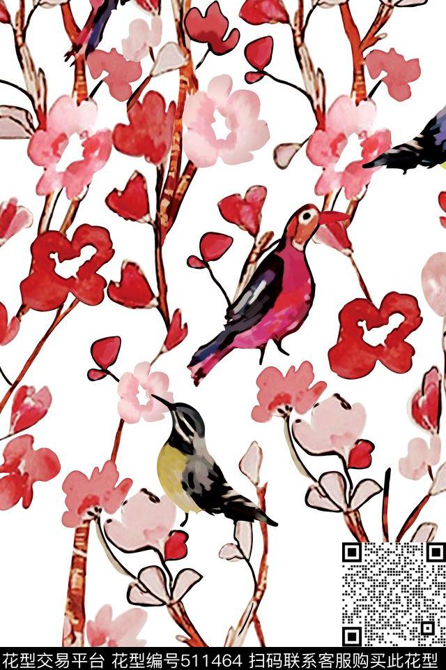 水粉画花卉小鸟数码印花华亿平台下载（图片编号: 511464） - 瓦栏（Walan）