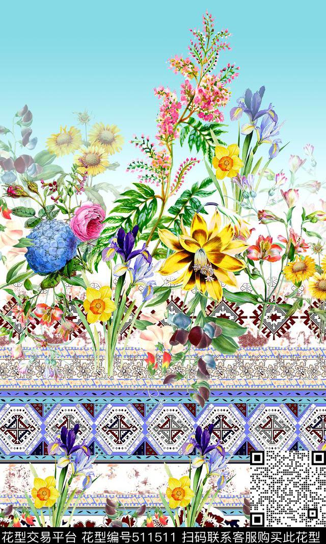 时尚花卉条纹数码印花华亿平台下载（图片编号: 511511） - 瓦栏（Walan）