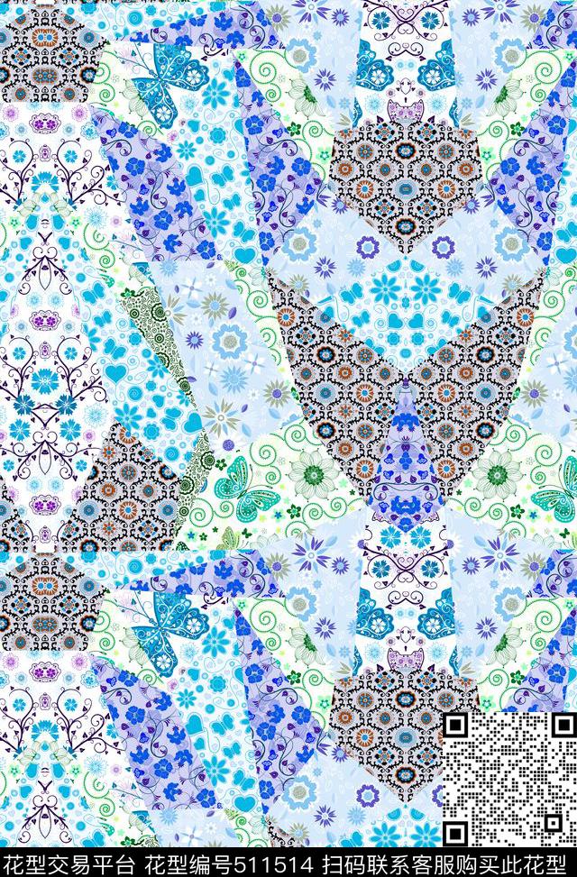 传统花卉拼块夹克传统印花华亿平台下载（图片编号: 511514） - 瓦栏（Walan）