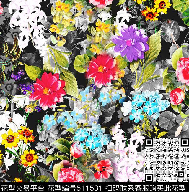 花卉黑底花卉四方连续数码印花华亿平台下载（图片编号: 511531） - 瓦栏（Walan）