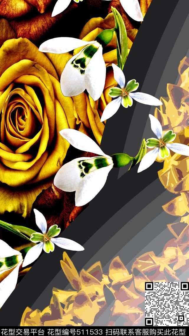 时尚写意花卉线条渐变数码印花华亿平台下载（图片编号: 511533） - 瓦栏（Walan）