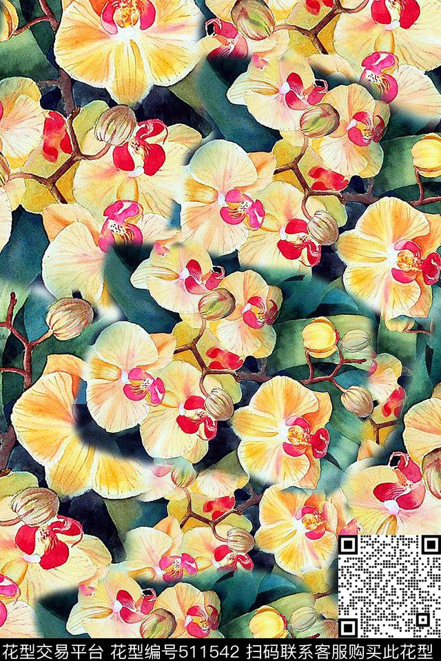 大碗花黑底大碗花花卉数码印花华亿平台下载（图片编号: 511542） - 瓦栏（Walan）