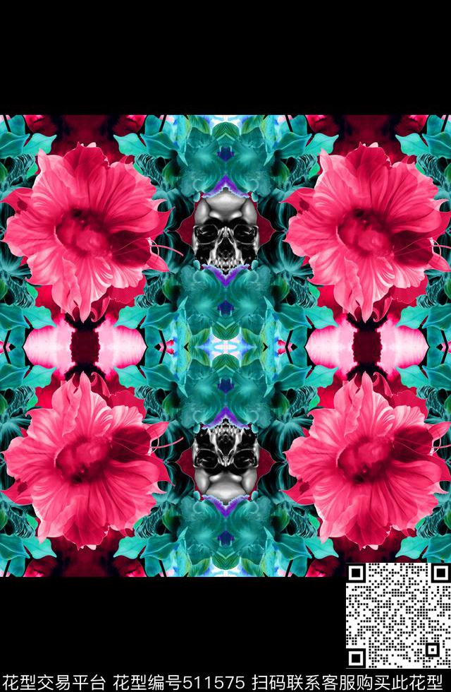 时尚大牌变异花卉骷髅头数码印花华亿平台下载（图片编号: 511575） - 瓦栏（Walan）