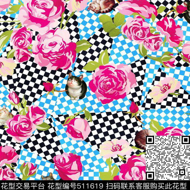 手绘玫瑰几何数码印花华亿平台下载（图片编号: 511619） - 瓦栏（Walan）