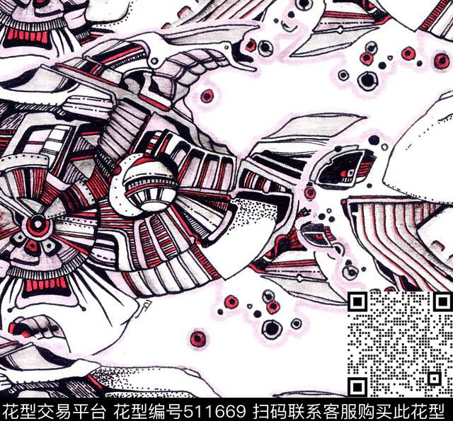 抽象科幻风格机械飞鱼宇宙飞船数码印花华亿平台下载（图片编号: 511669） - 瓦栏（Walan）