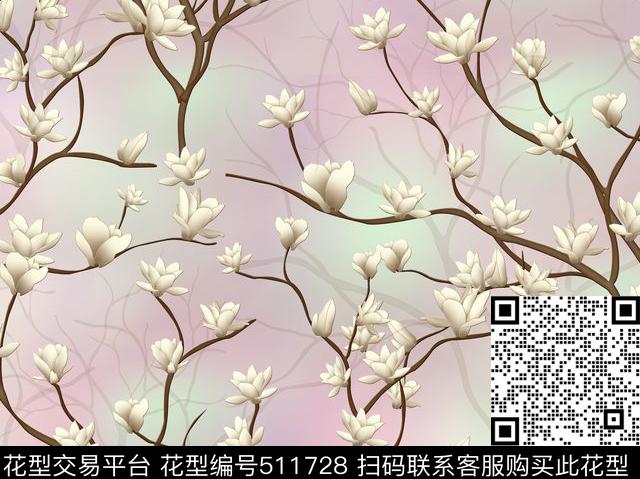 花卉优雅玉兰花数码印花华亿平台下载（图片编号: 511728） - 瓦栏（Walan）