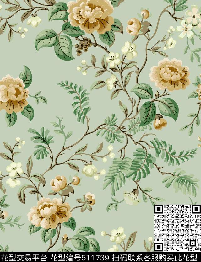 绿叶枝叶花朵数码印花华亿平台下载（图片编号: 511739） - 瓦栏（Walan）