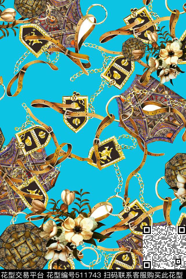 欧式复古图案链条油画花卉数码印花华亿平台下载（图片编号: 511743） - 瓦栏（Walan）