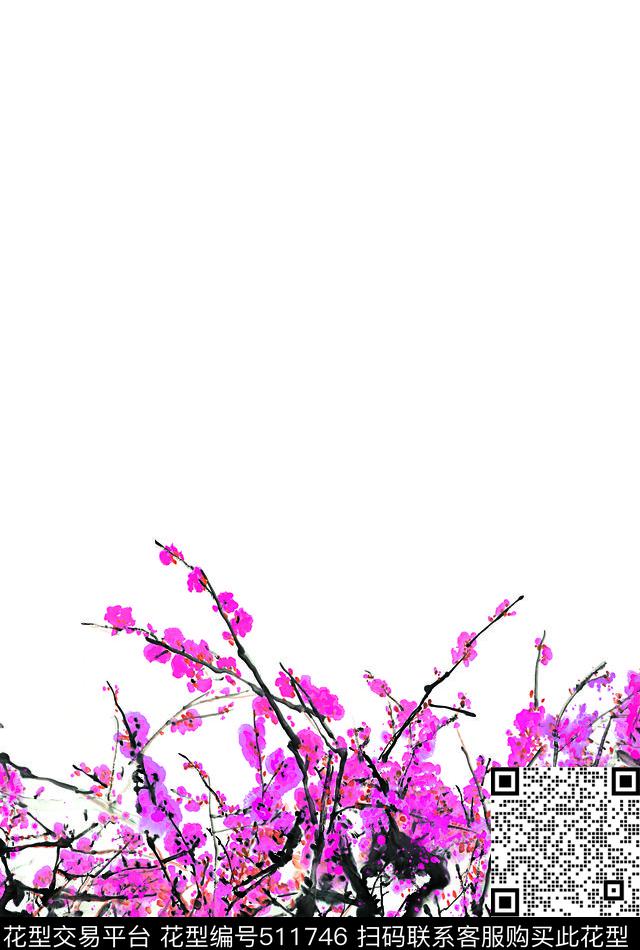 中国风梅花水墨数码印花华亿平台下载（图片编号: 511746） - 瓦栏（Walan）