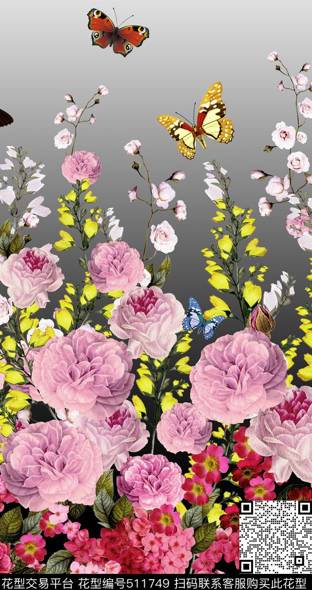 渐变牡丹花花朵数码印花华亿平台下载（图片编号: 511749） - 瓦栏（Walan）
