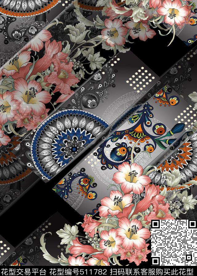 几何花卉时尚数码印花华亿平台下载（图片编号: 511782） - 瓦栏（Walan）