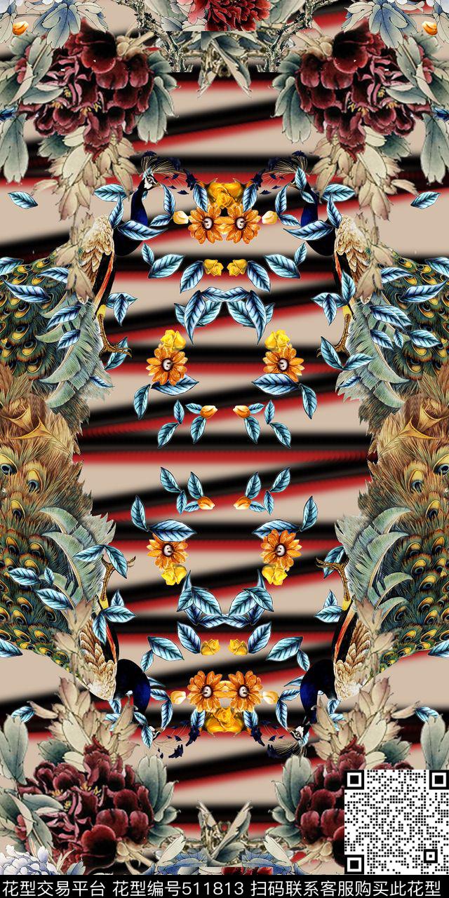 水墨孔雀花卉数码印花华亿平台下载（图片编号: 511813） - 瓦栏（Walan）