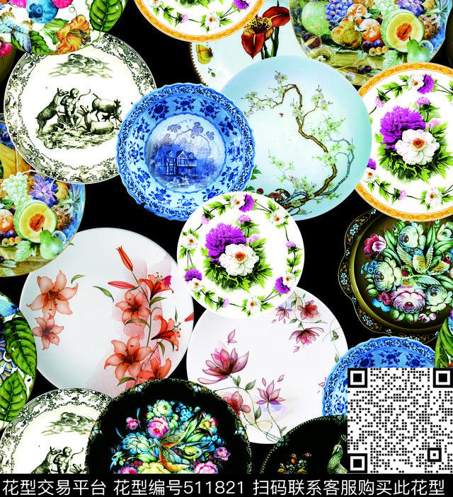 花草复古盘子数码印花华亿平台下载（图片编号: 511821） - 瓦栏（Walan）