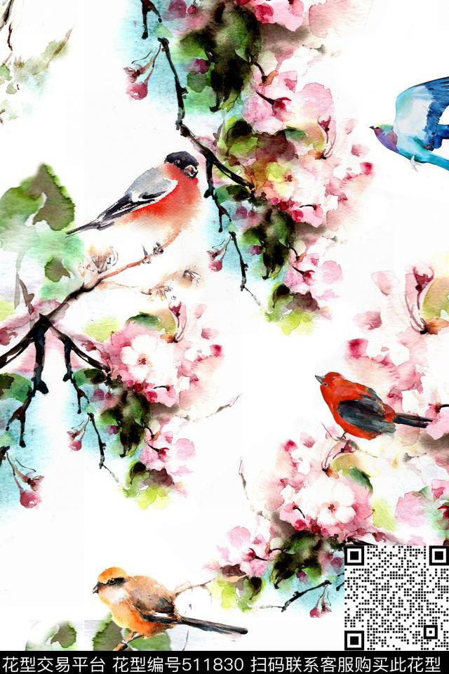 女装手绘水彩花鸟图数码印花华亿平台下载（图片编号: 511830） - 瓦栏（Walan）
