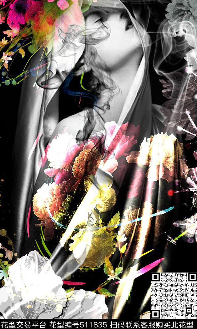 抽象时尚大牌定位图案人物摄影花卉烟雾数码印花华亿平台下载（图片编号: 511835） - 瓦栏（Walan）