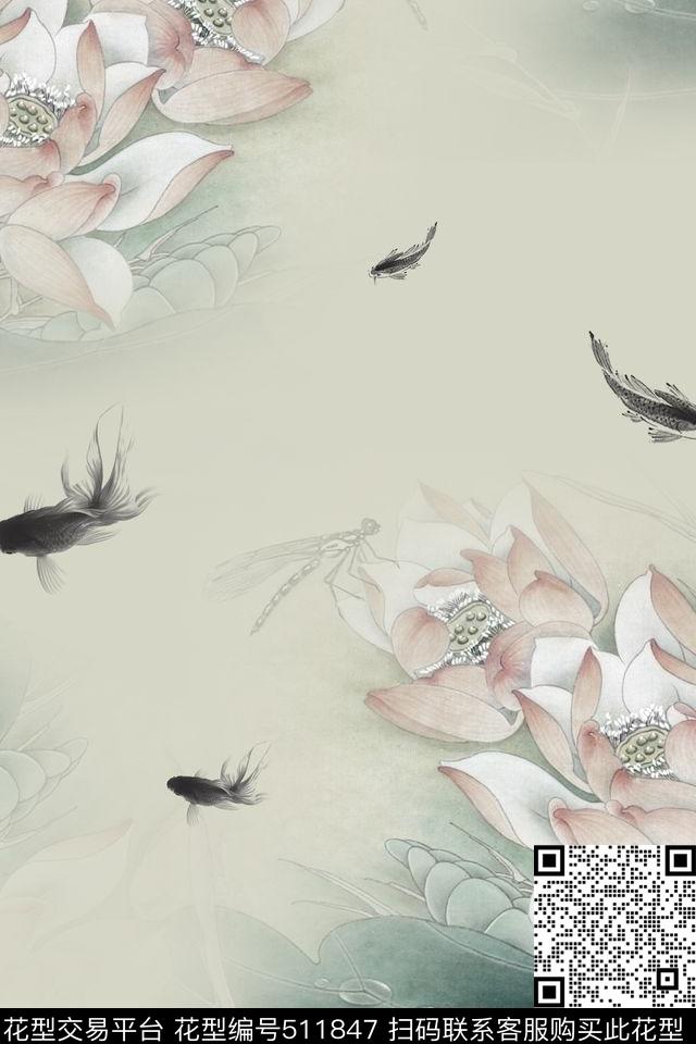 中国风荷花水墨鱼数码印花华亿平台下载（图片编号: 511847） - 瓦栏（Walan）