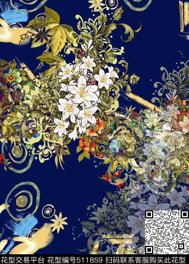 抽象花卉时尚数码印花华亿平台下载（图片编号: 511859） - 瓦栏（Walan）