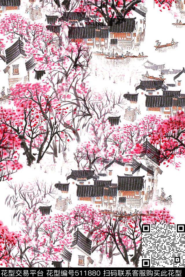 大牌手绘水墨画数码印花华亿平台下载（图片编号: 511880） - 瓦栏（Walan）