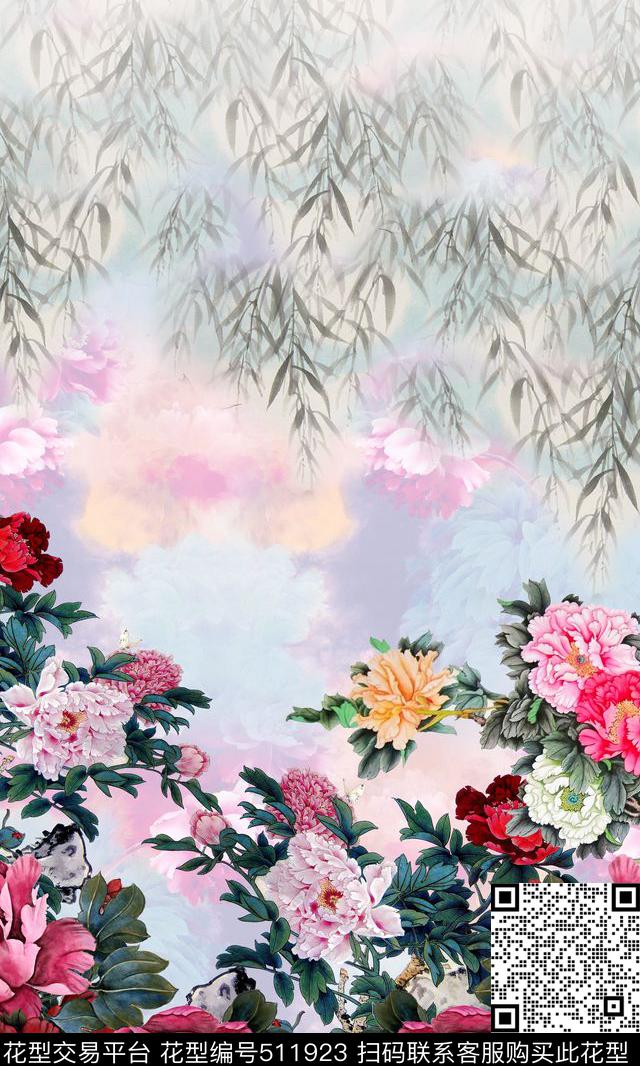 水墨底纹水墨牡丹花竹叶数码印花华亿平台下载（图片编号: 511923） - 瓦栏（Walan）