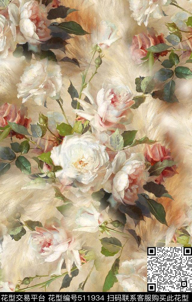 油画玫瑰月季数码印花华亿平台下载（图片编号: 511934） - 瓦栏（Walan）