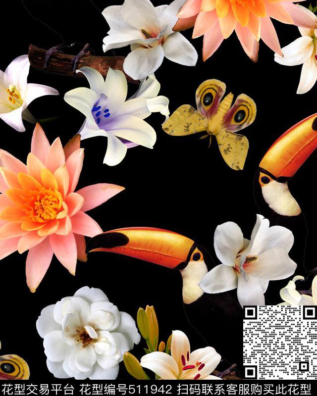 时尚优雅鸟花卉数码印花华亿平台下载（图片编号: 511942） - 瓦栏（Walan）