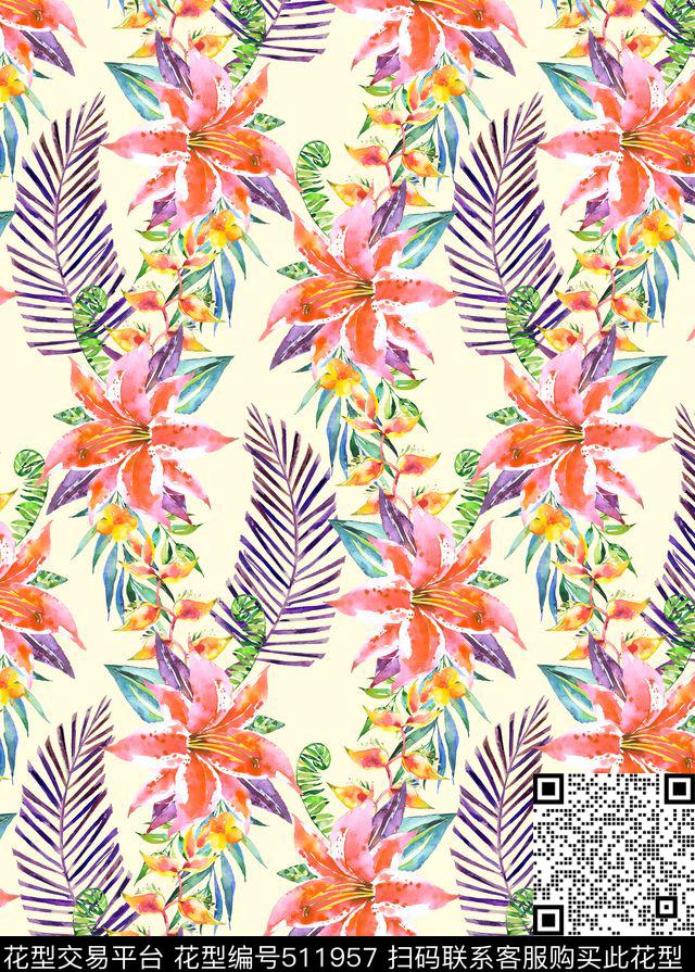 热带风情花卉百合植物叶子数码印花华亿平台下载（图片编号: 511957） - 瓦栏（Walan）