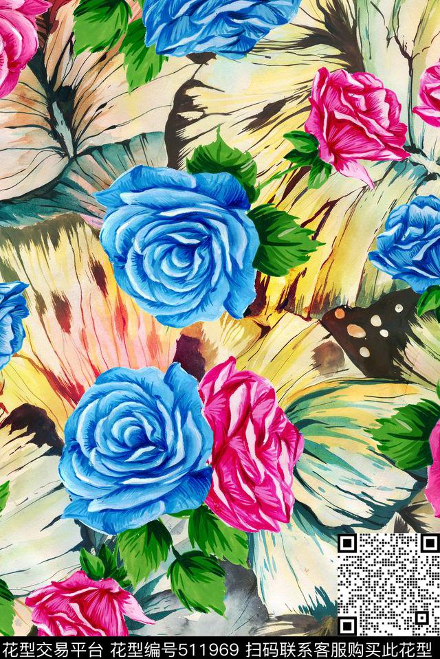 手绘时尚花卉数码印花华亿平台下载（图片编号: 511969） - 瓦栏（Walan）