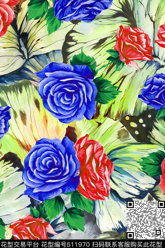 手绘时尚花卉数码印花华亿平台下载（图片编号: 511970） - 瓦栏（Walan）
