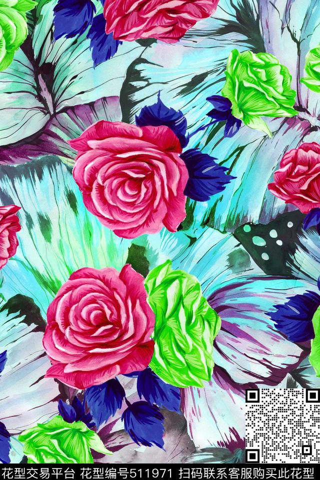 手绘时尚花卉数码印花华亿平台下载（图片编号: 511971） - 瓦栏（Walan）