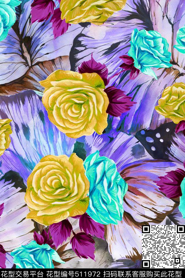 手绘时尚花卉数码印花华亿平台下载（图片编号: 511972） - 瓦栏（Walan）