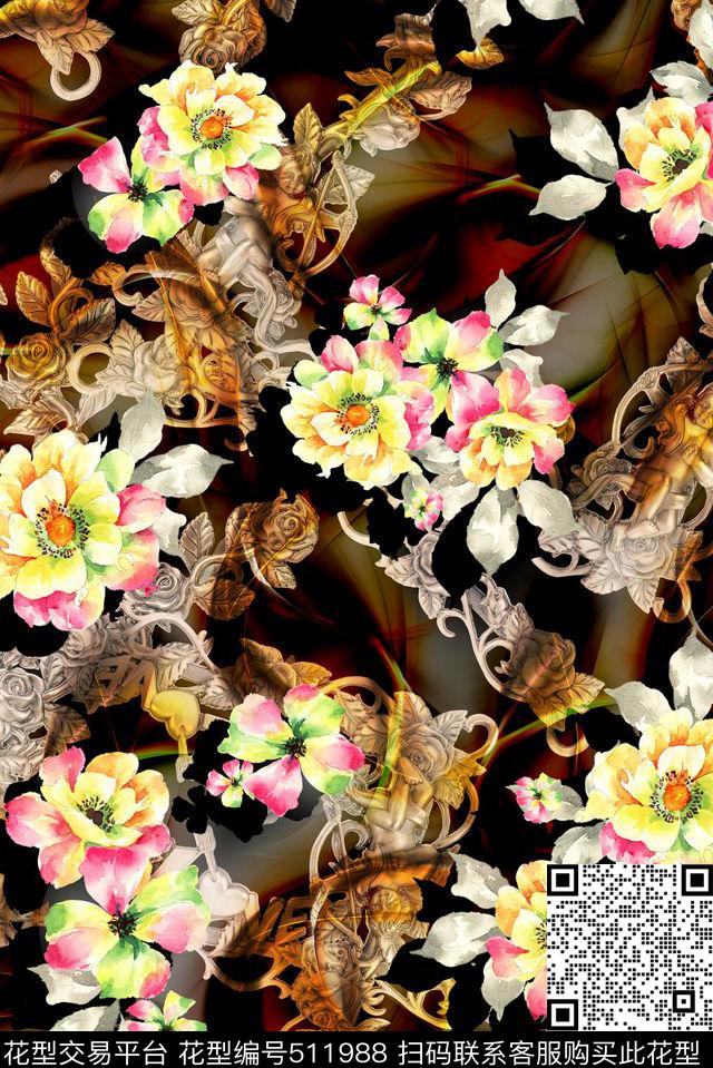 水彩花卉抽象底纹数码印花华亿平台下载（图片编号: 511988） - 瓦栏（Walan）