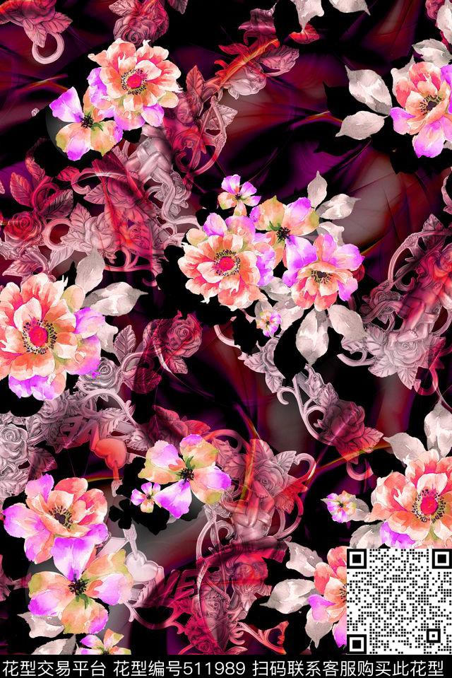 水彩花卉抽象底纹数码印花华亿平台下载（图片编号: 511989） - 瓦栏（Walan）