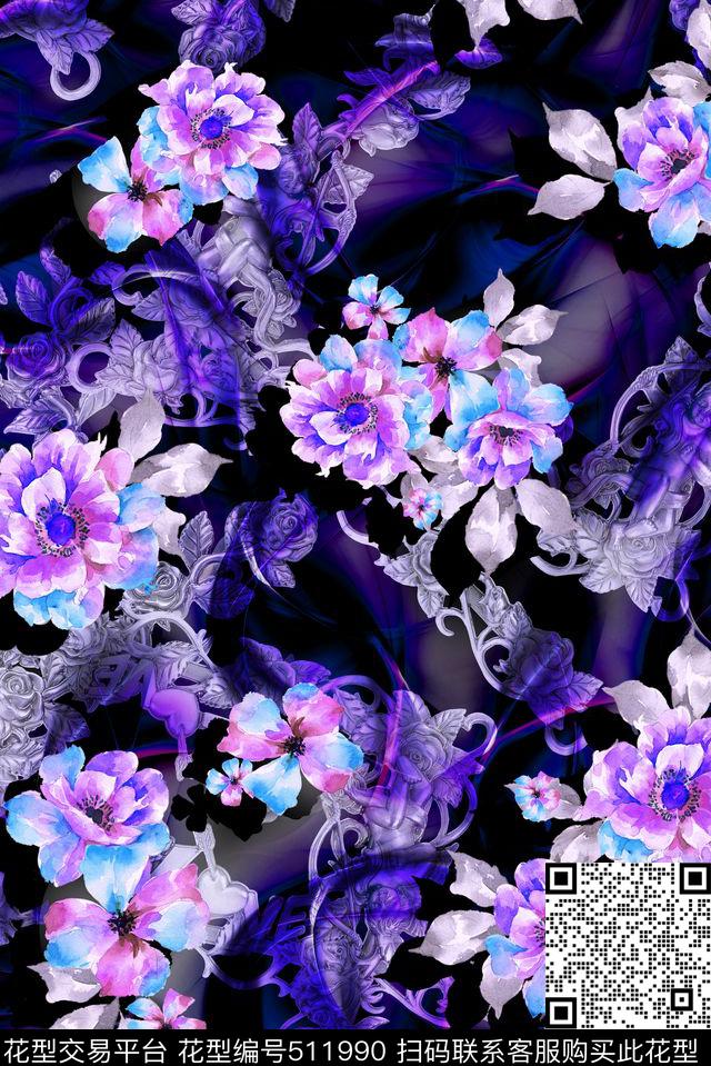 水彩花卉抽象底纹数码印花华亿平台下载（图片编号: 511990） - 瓦栏（Walan）