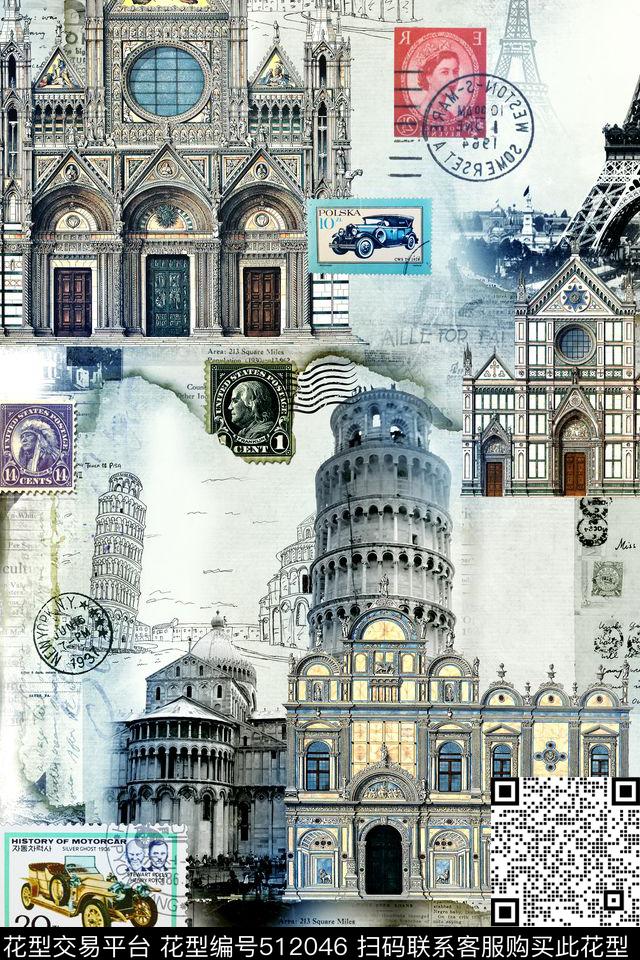 时尚建筑邮票数码印花华亿平台下载（图片编号: 512046） - 瓦栏（Walan）
