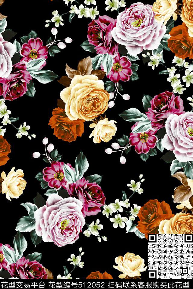 时尚花卉黑底花卉数码印花华亿平台下载（图片编号: 512052） - 瓦栏（Walan）