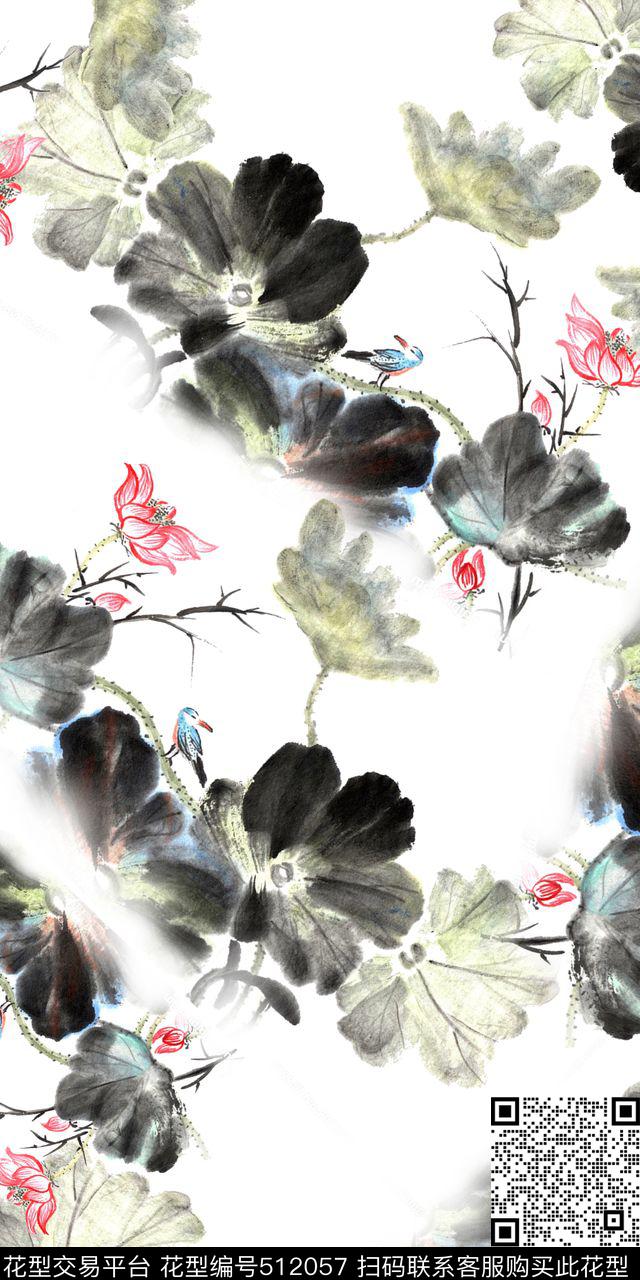 手绘大气国画简单花卉数码印花华亿平台下载（图片编号: 512057） - 瓦栏（Walan）