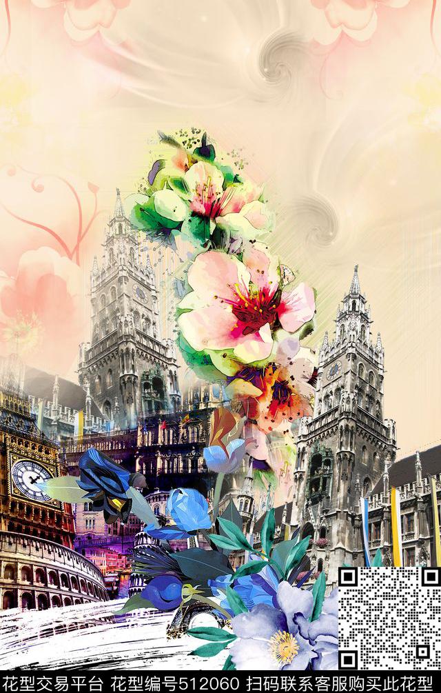 欧式写意建筑花卉笔触长巾数码印花华亿平台下载（图片编号: 512060） - 瓦栏（Walan）