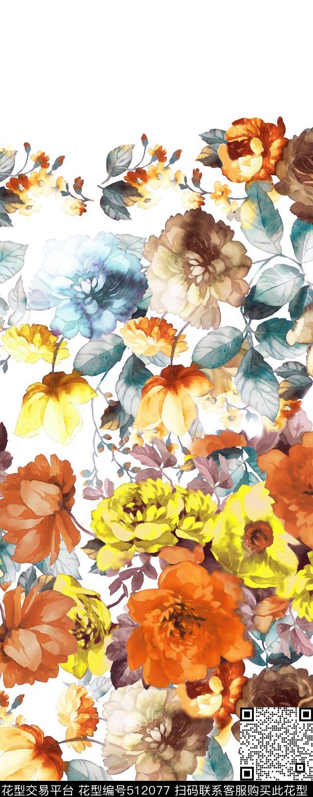 手绘花卉定位时尚女装华亿平台数码印花华亿平台下载（图片编号: 512077） - 瓦栏（Walan）