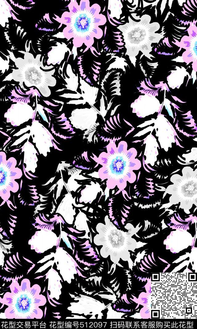 写意涂鸦钢笔画风花卉涂鸦传统印花华亿平台下载（图片编号: 512097） - 瓦栏（Walan）