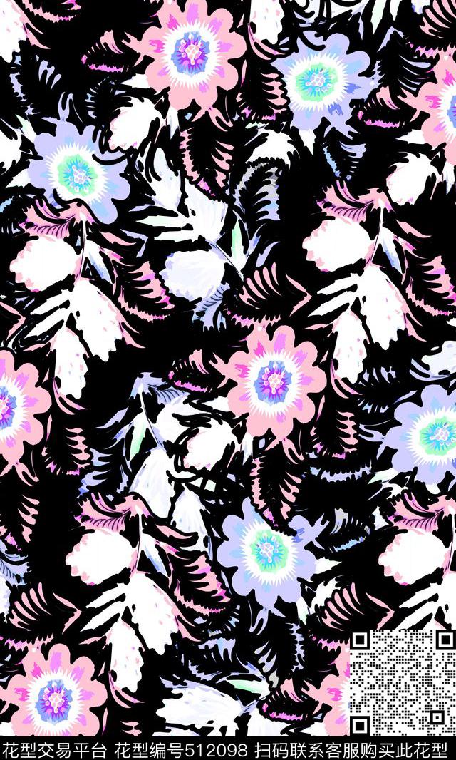 写意涂鸦钢笔画风花卉涂鸦传统印花华亿平台下载（图片编号: 512098） - 瓦栏（Walan）