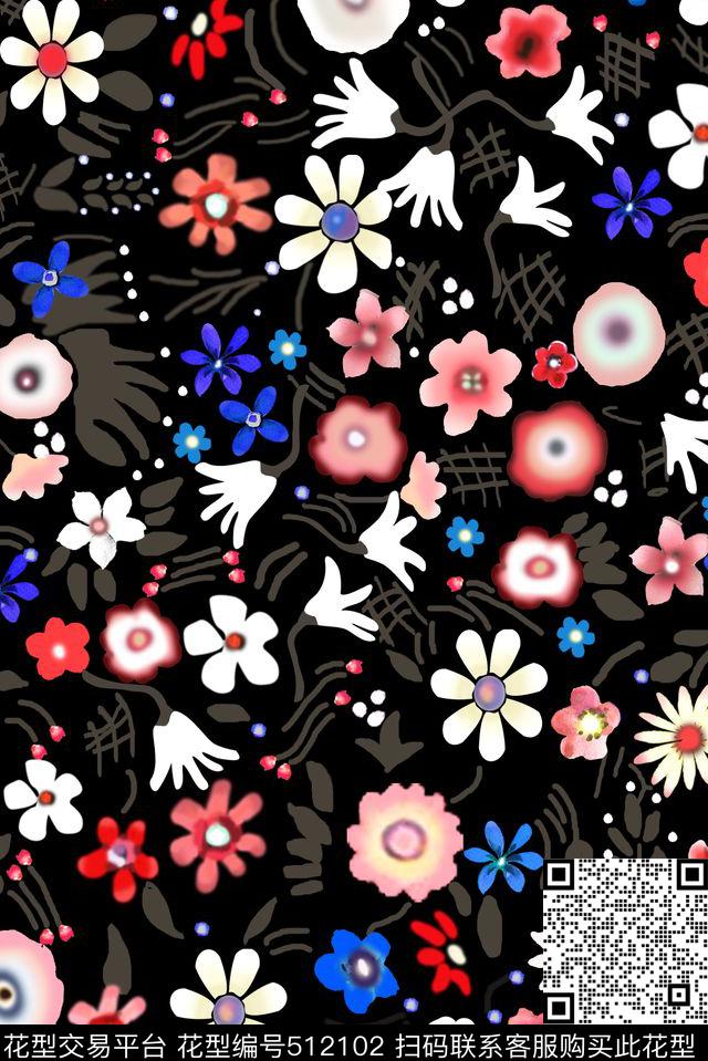 白花剪花手绘数码印花华亿平台下载（图片编号: 512102） - 瓦栏（Walan）