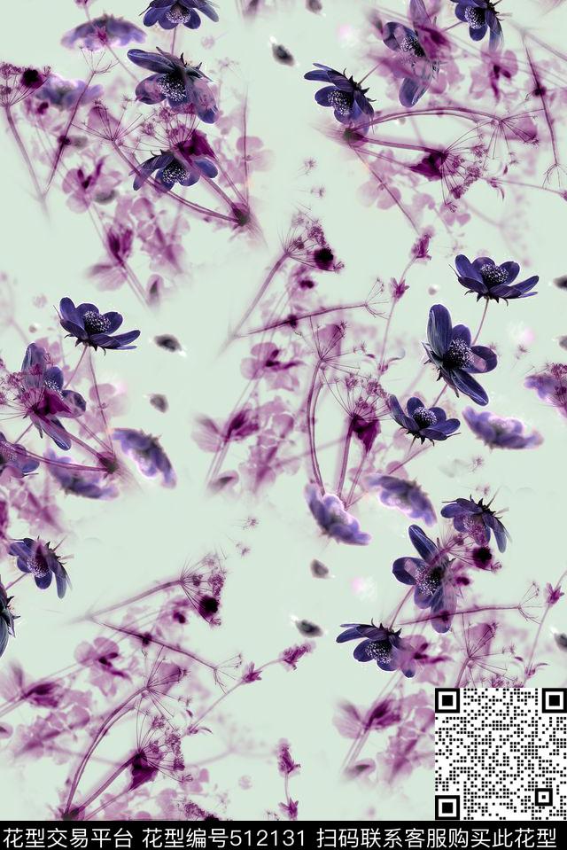 半透明花草水墨数码印花华亿平台下载（图片编号: 512131） - 瓦栏（Walan）