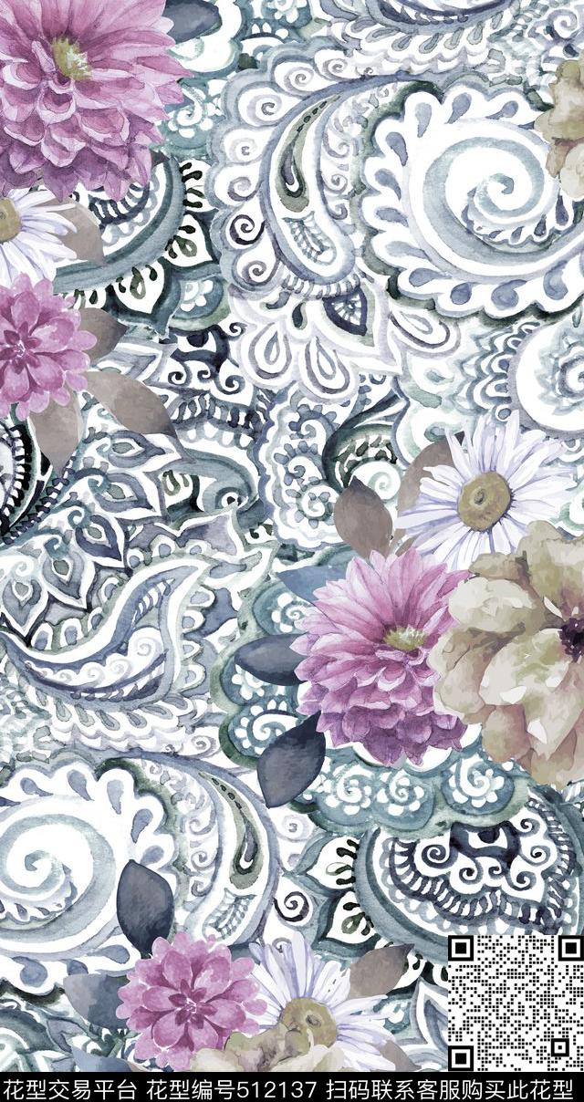 花卉几何纹理数码印花华亿平台下载（图片编号: 512137） - 瓦栏（Walan）