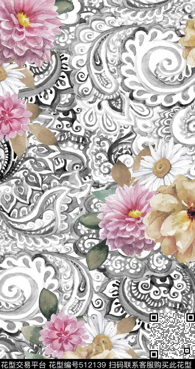 花卉几何纹理数码印花华亿平台下载（图片编号: 512139） - 瓦栏（Walan）