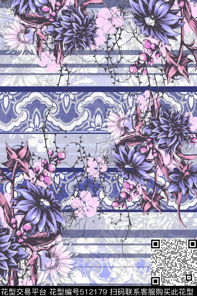 女装四方连续花鸟植物数码印花华亿平台下载（图片编号: 512179） - 瓦栏（Walan）