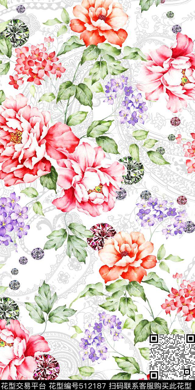 清新时尚水彩花卉数码印花华亿平台下载（图片编号: 512187） - 瓦栏（Walan）